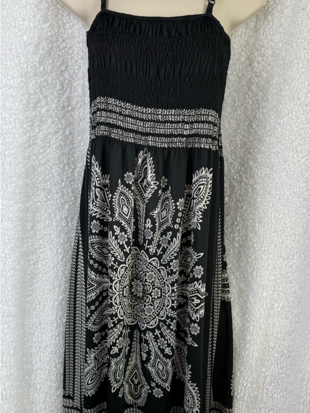 Shoreline Cover-Up/Tank Dress Black Smocked Bodice with White Mandala Print